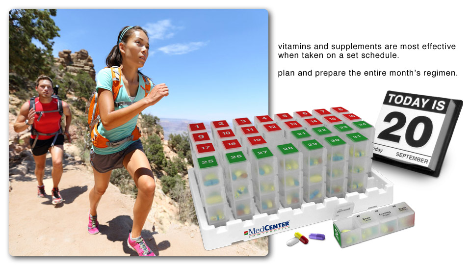 Vitamins and supplements are most effective when taken on a set schedule.  Plan and prepare the entire months regimin.